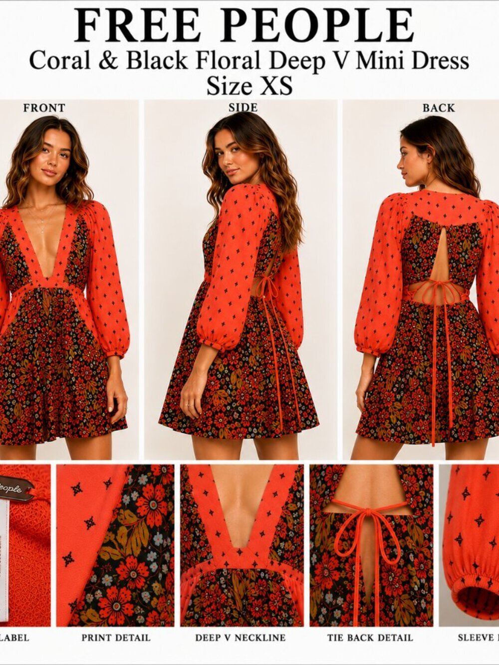 FREE PEOPLE Coral Floral Deep V Mini Dress XS